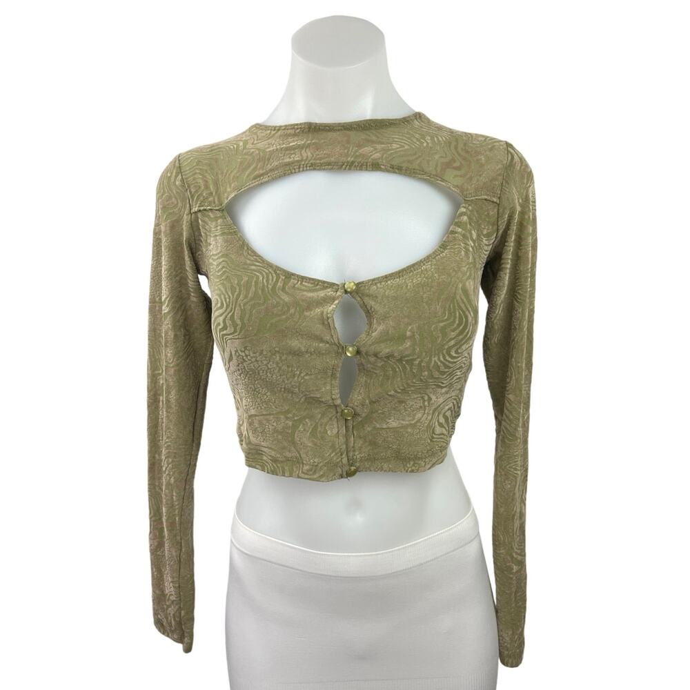 Urban Outfitters MOTEL Green Abstract Long Sleeve Cut Out Crop Blouse Top Size S